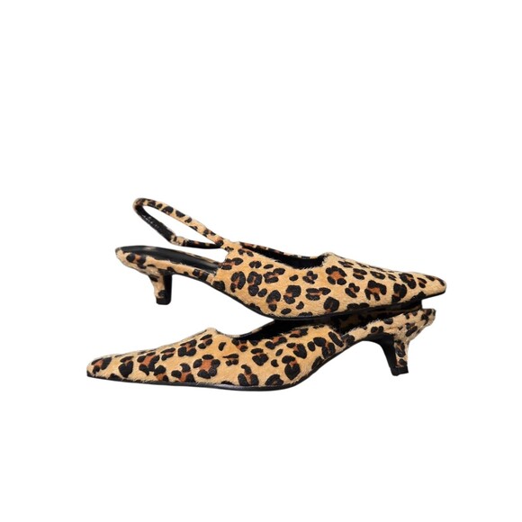 New ZARA Fur Trimmed Leather Slingback Kitten Heels Leopard Print EU 42 US 11 S2 - Picture 11 of 12